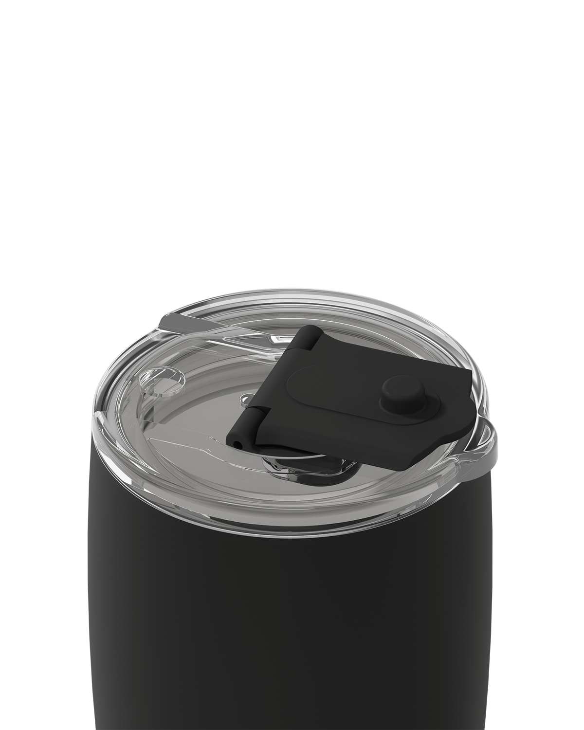 Close-up of a black insulated tumbler with a clear lid and a black flip-straw cover, shown on a white background.