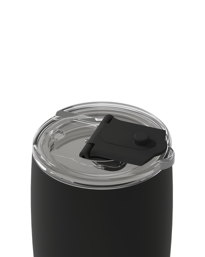 Close-up of a black insulated tumbler with a clear lid and a black flip-straw cover, shown on a white background.