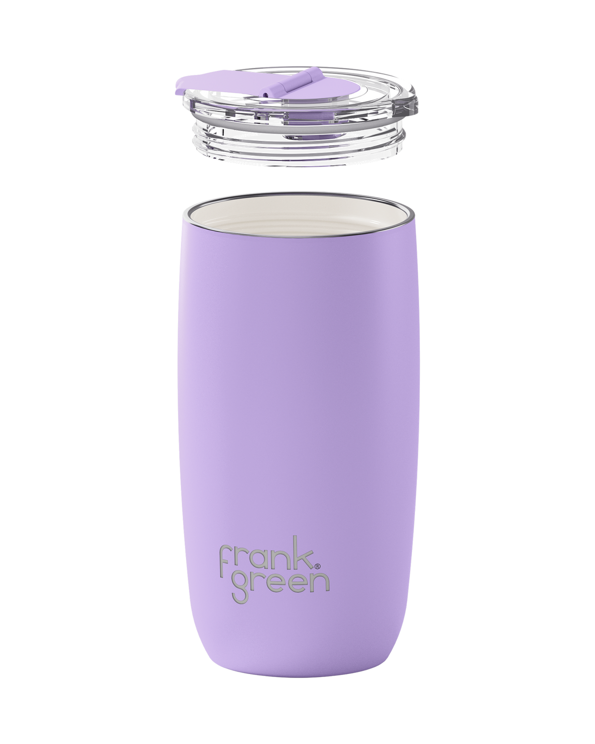 A lavender purple insulated tumbler with a clear lid and purple flip straw, shown floating above the base on a white background. The brand name 'frank, green' is printed in silver near the bottom.