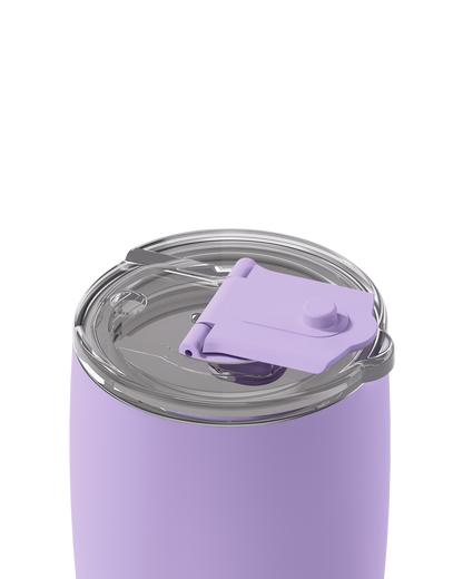 Close-up of a lavender purple insulated tumbler with a clear lid and a matching purple flip-straw cap, shown on a white background.