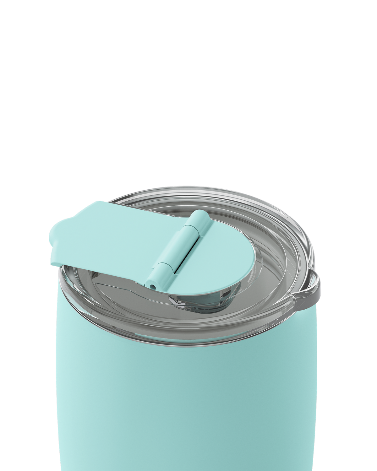 A close-up of a matte mint green insulated tumbler with a clear lid and matching mint green flip-up straw cover, shown on a white background.