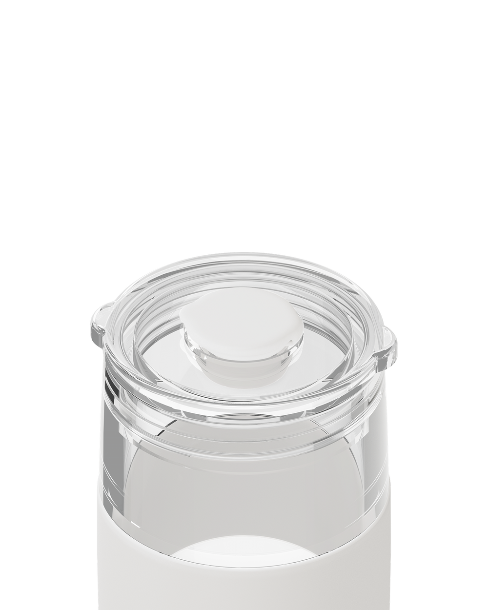 Close-up of a clear plastic jar lid with a transparent inner seal and a white lower container body on a white background.