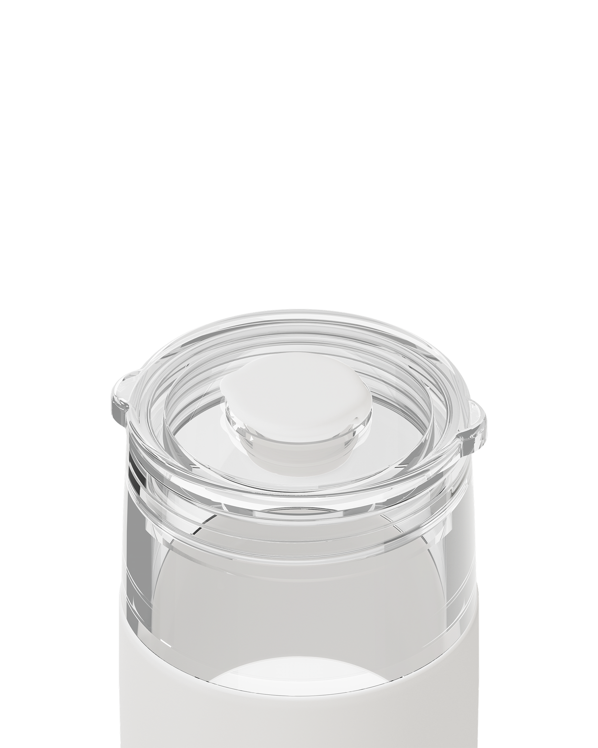 Close-up of a clear plastic jar lid with a transparent inner seal and a white lower container body on a white background.