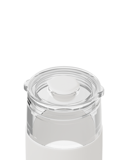 Close-up of a clear plastic jar lid with a transparent inner seal and a white lower container body on a white background.