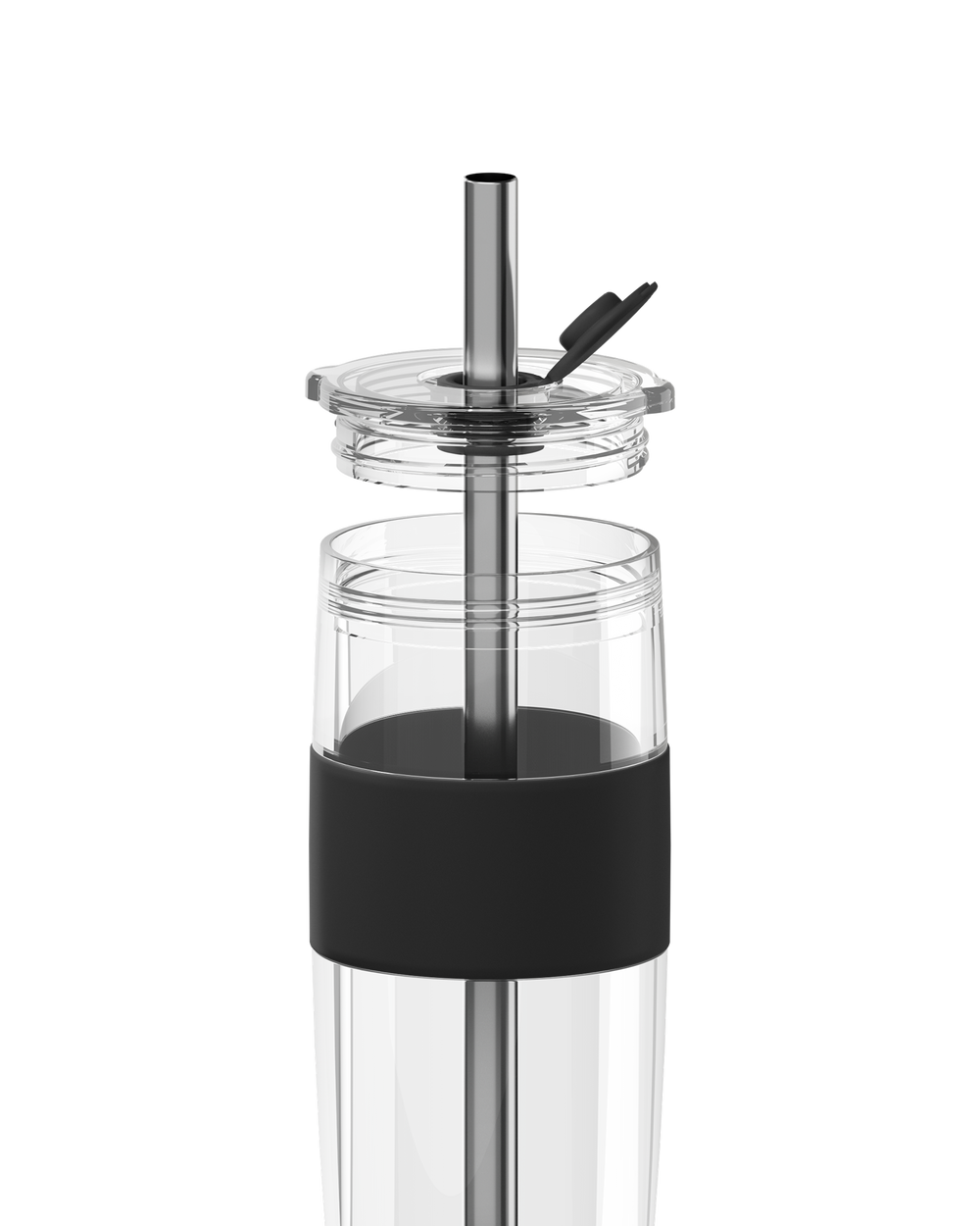 A clear glass water bottle with a dark brown silicone sleeve and a stainless steel straw with a matching brown flip-top lid, shown on a solid white background.