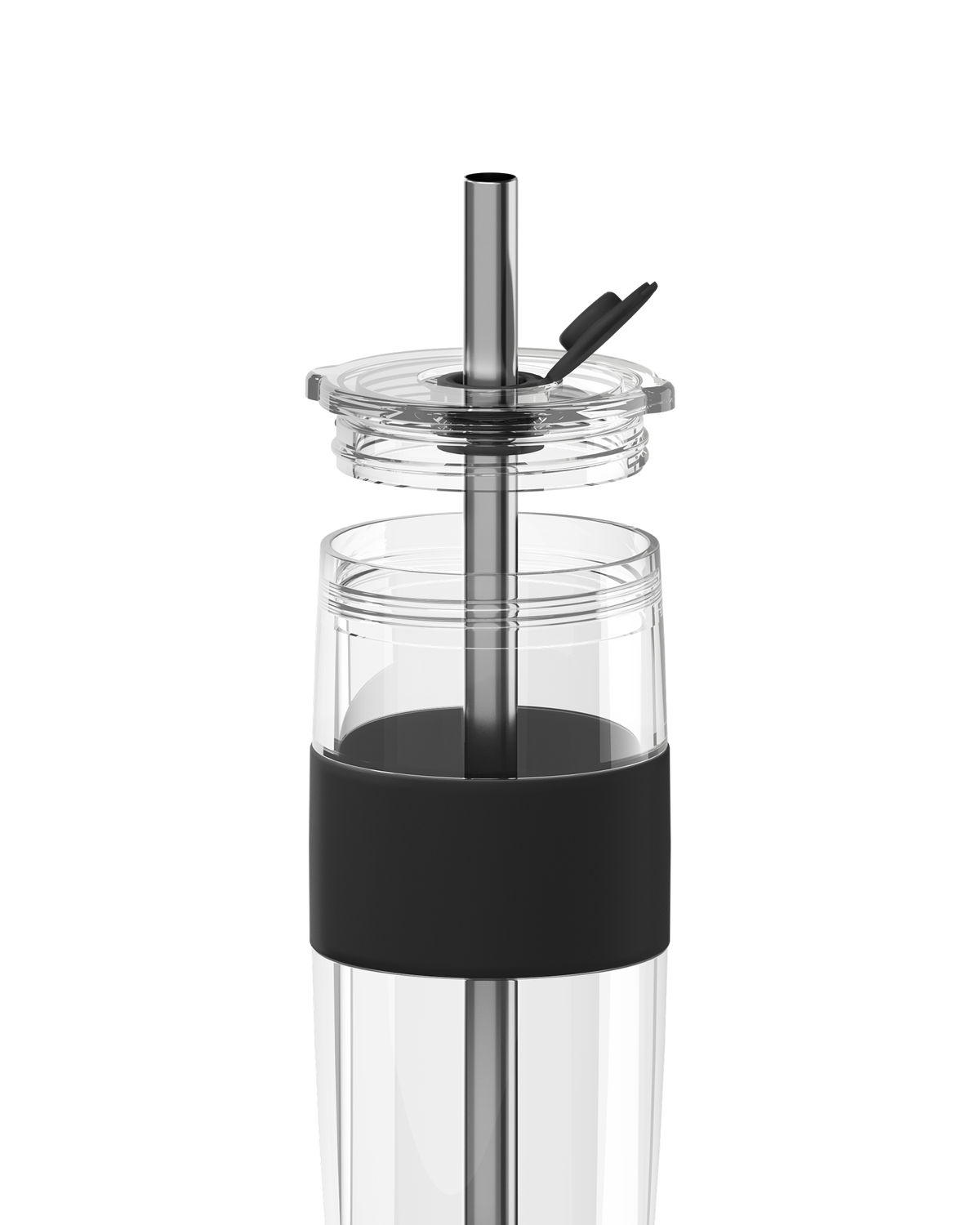 A clear glass water bottle with a dark brown silicone sleeve and a stainless steel straw with a matching brown flip-top lid, shown on a solid white background.