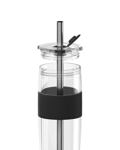 A clear glass water bottle with a dark brown silicone sleeve and a stainless steel straw with a matching brown flip-top lid, shown on a solid white background.