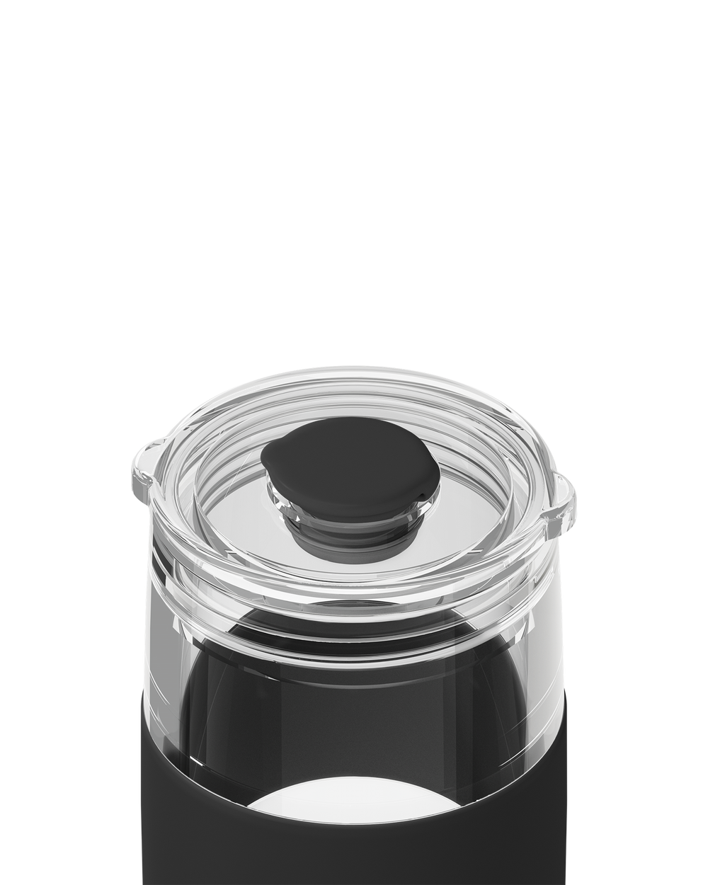 Close-up of a black insulated bottle or tumbler with a clear screw-on lid and black top insert, shown on a white background.