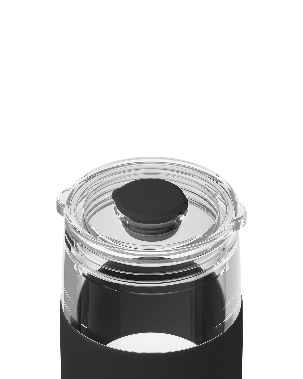 Close-up of a black insulated bottle or tumbler with a clear screw-on lid and black top insert, shown on a white background.