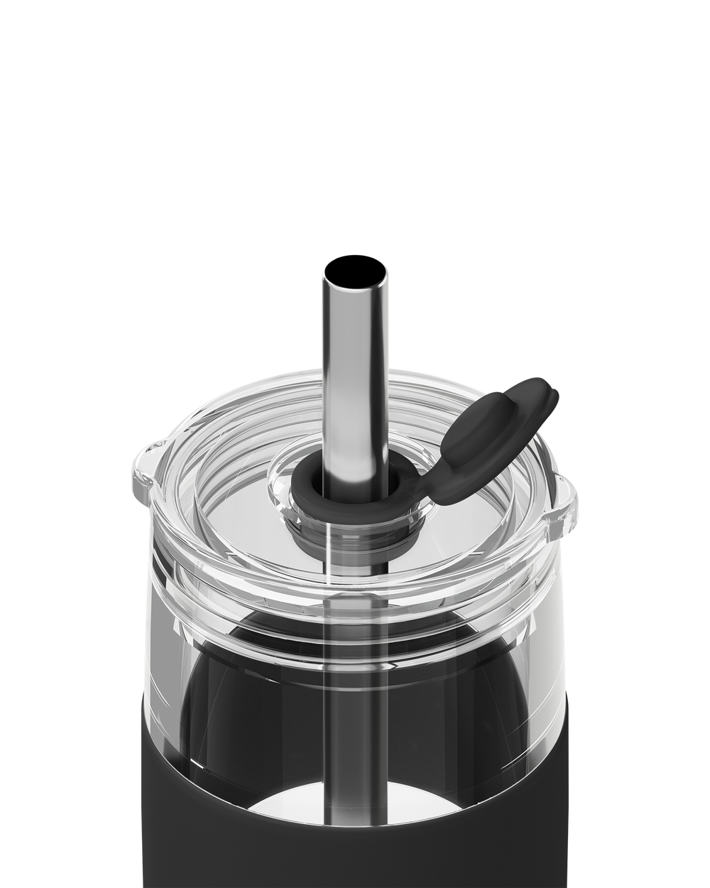 Close-up of a clear plastic tumbler with a black silicone sleeve, a stainless steel straw, and a black flip-top lid on a white background.