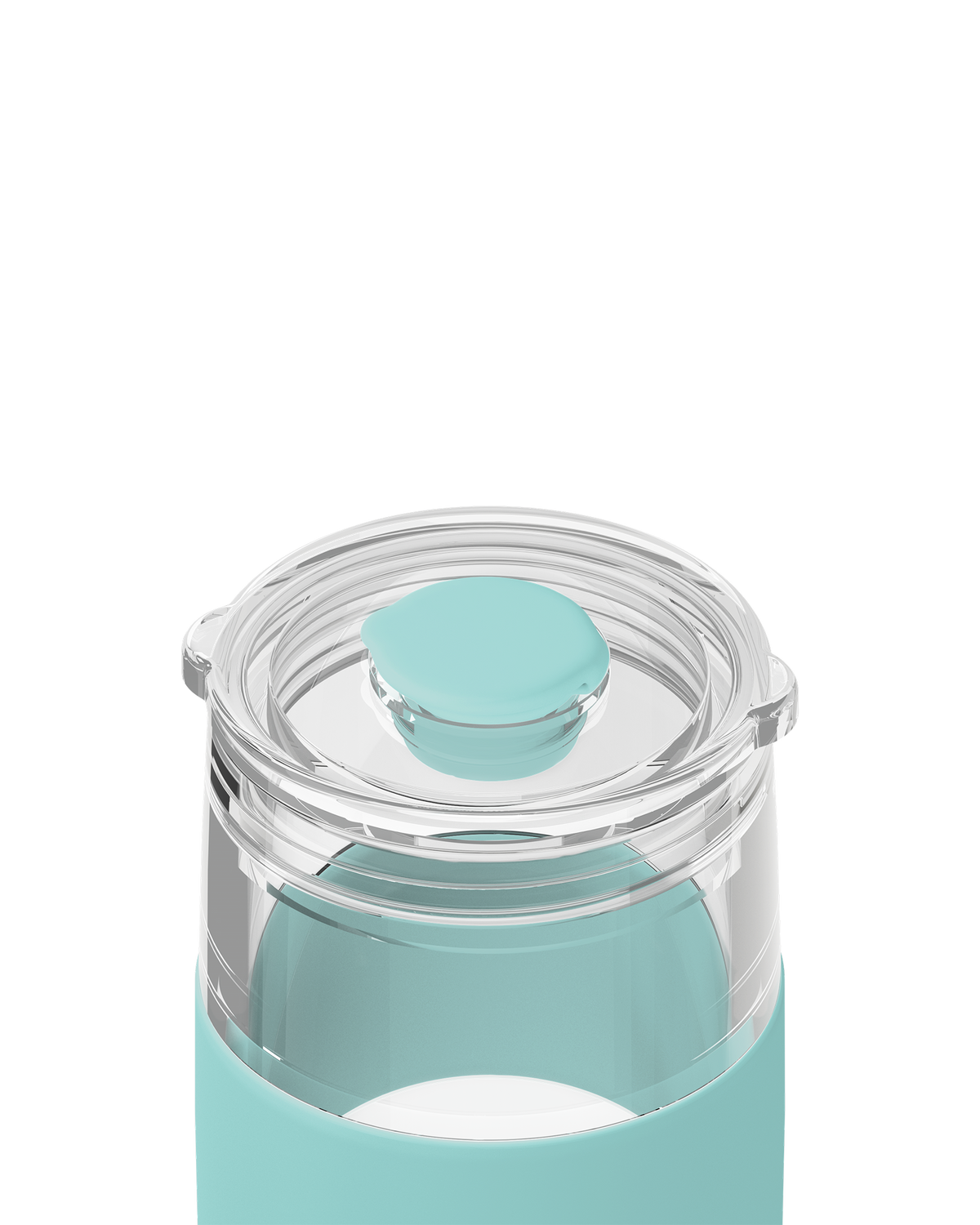 Close-up of a clear plastic bottle with a light aqua silicone lid button and matching aqua lower section, shown on a white background.