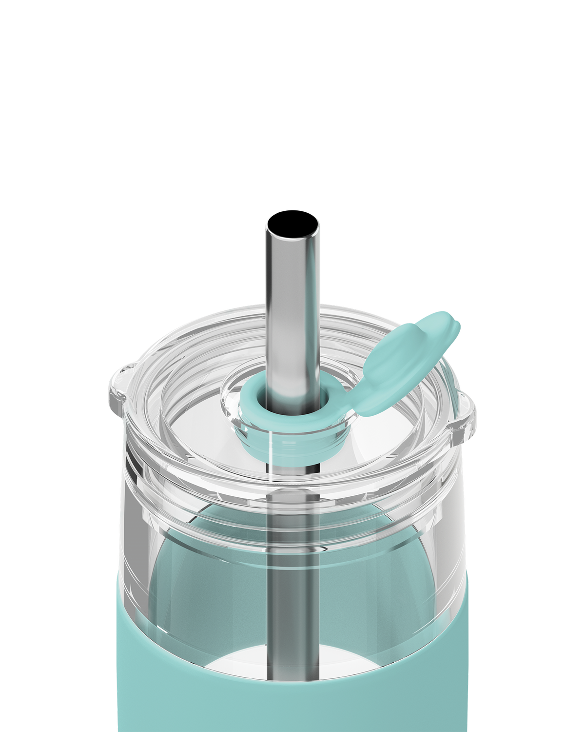 Close-up of a clear travel tumbler with a mint green silicone sleeve, clear lid, stainless steel straw, and matching mint green flip straw cap on a white background.