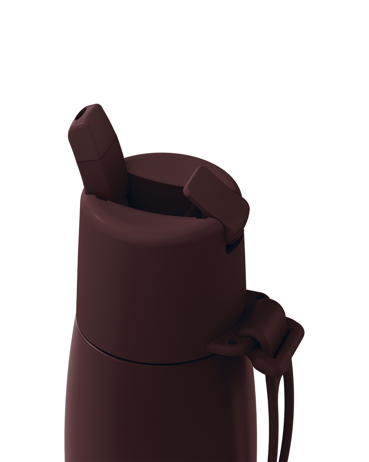 Close-up of a dark brown insulated bottle with a flip-top straw lid and carrying loop, shown on a plain white background.