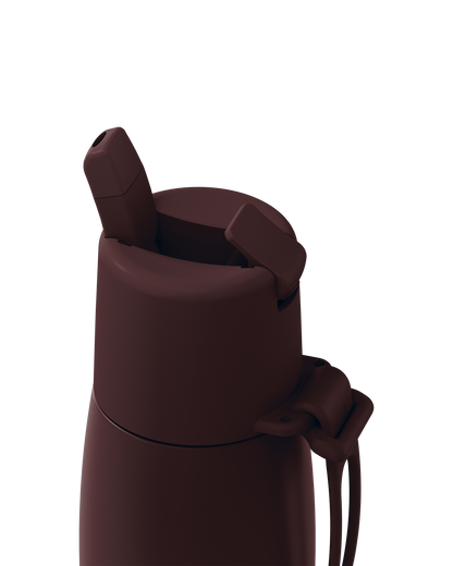 Close-up of a dark brown insulated bottle with a flip-top straw lid and carrying loop, shown on a plain white background.