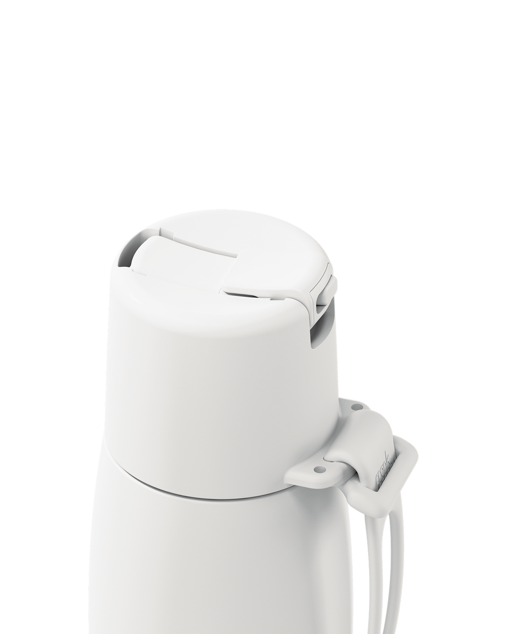 Close-up of a white insulated bottle lid with a flip-top spout and carrying loop on a clean white background.