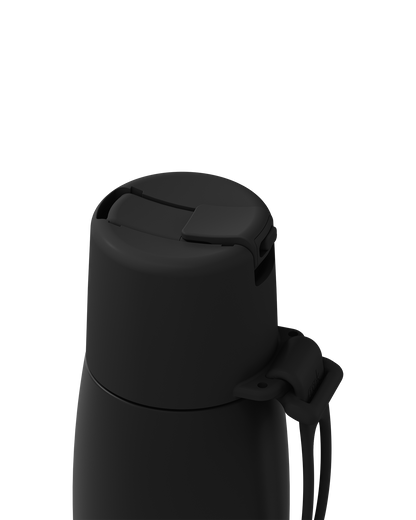 Close-up of a matte black insulated bottle with a matching black screw cap and a black carrying strap on a plain white background.