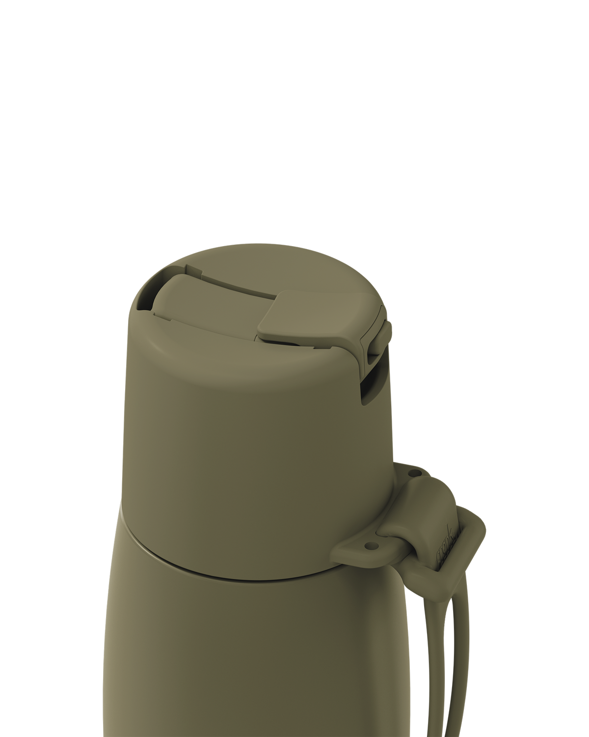 Close-up of a matte olive green insulated bottle lid with a flip-top spout and carrying loop, shown on a plain white background.
