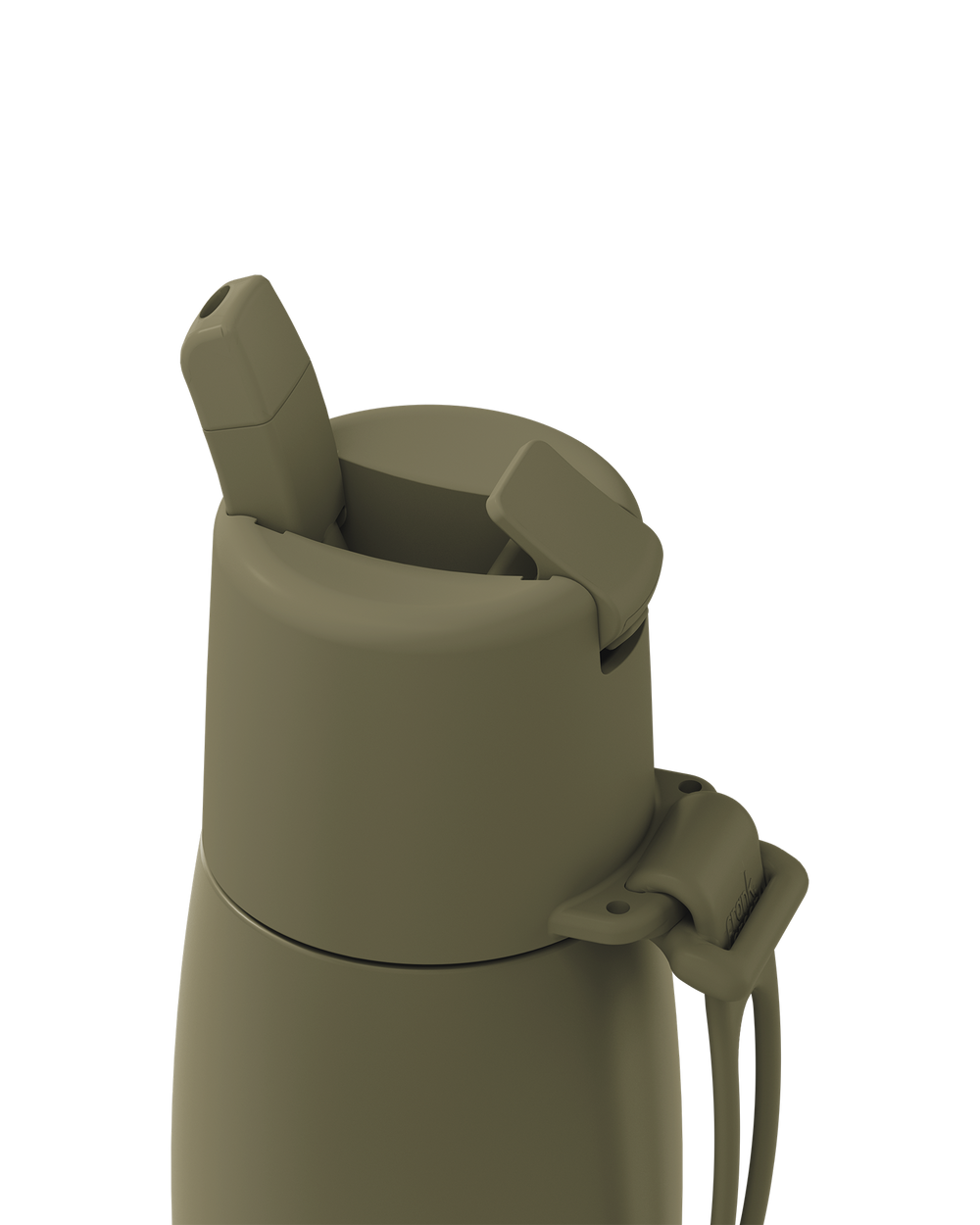 Close-up of a matte olive green insulated bottle lid with a flip-up straw spout and carrying loop, shown on a plain white background.