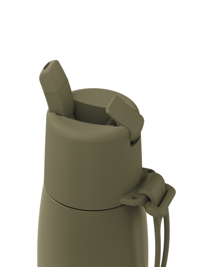 Close-up of a matte olive green insulated bottle lid with a flip-up straw spout and carrying loop, shown on a plain white background.