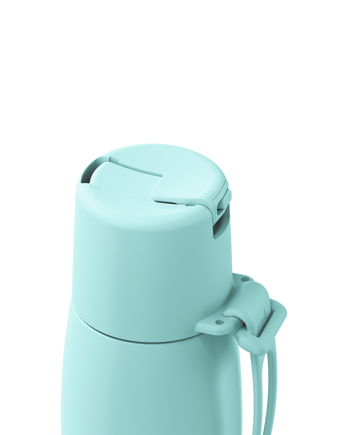 Close-up of a light mint green insulated bottle lid with a carrying loop, shown on a solid white background.