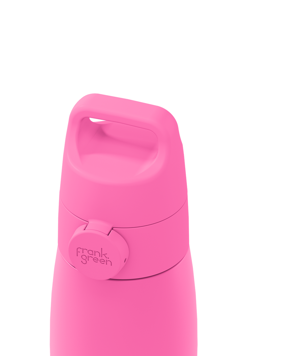 Close-up of a bright pink grip handle lid with a built-in carry handle and a circular 'frank green' logo tab, closed on the matching bottle against a plain white background.