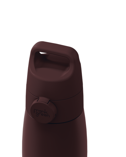 Close-up of a dark brown grip handle lid with a built-in carry handle and a circular 'frank green' logo tab, closed on the matching bottle against a plain white background.