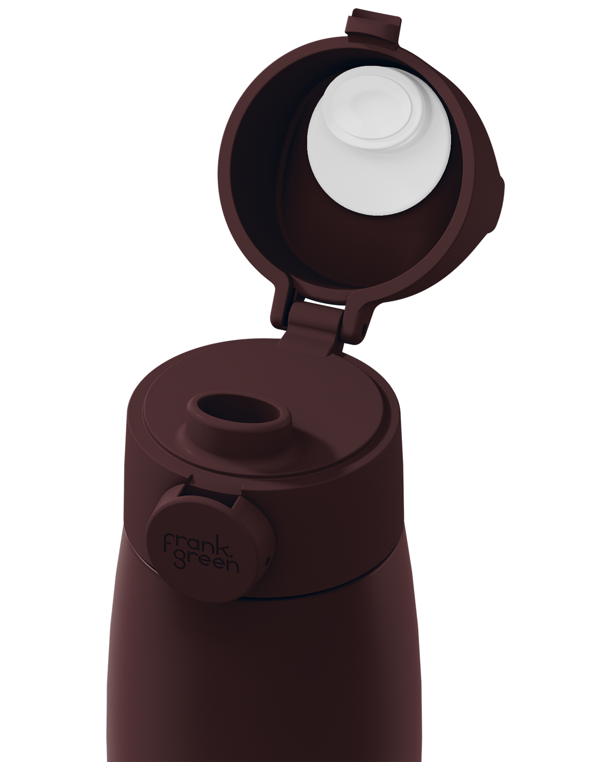 Close-up of a dark brown grip handle lid flipped open on the matching bottle, showing the white inner seal, drinking spout, and circular 'frank green' logo tab on a plain white background.
