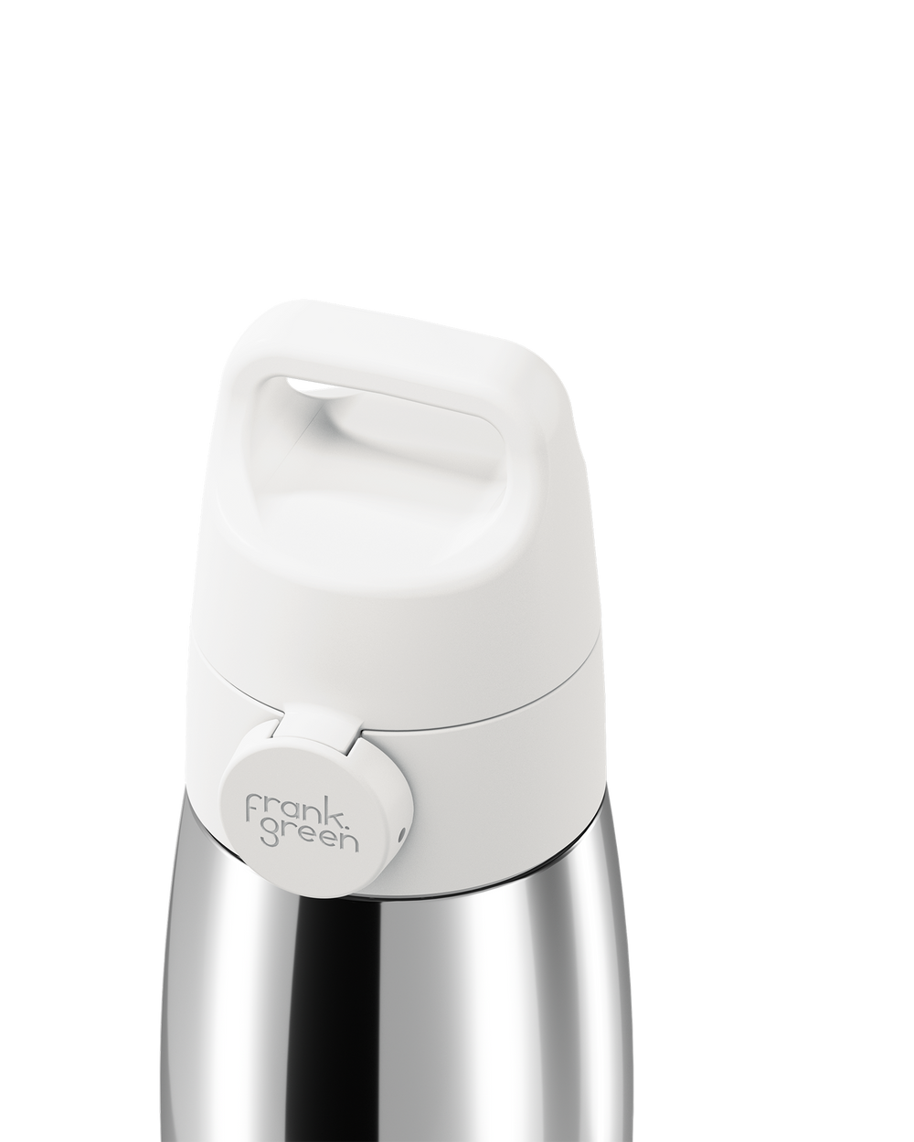 Close-up of a white grip handle lid with a built-in carry handle and a circular 'frank green' logo tab, closed on a polished stainless steel bottle against a plain white background.