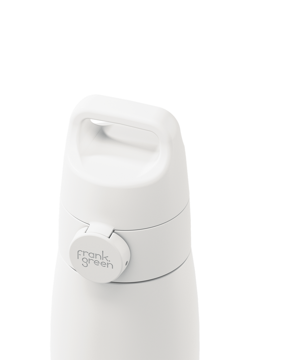 Close-up of a white grip handle lid with a built-in carry handle and a circular 'frank green' logo tab, closed on the matching bottle against a plain white background.