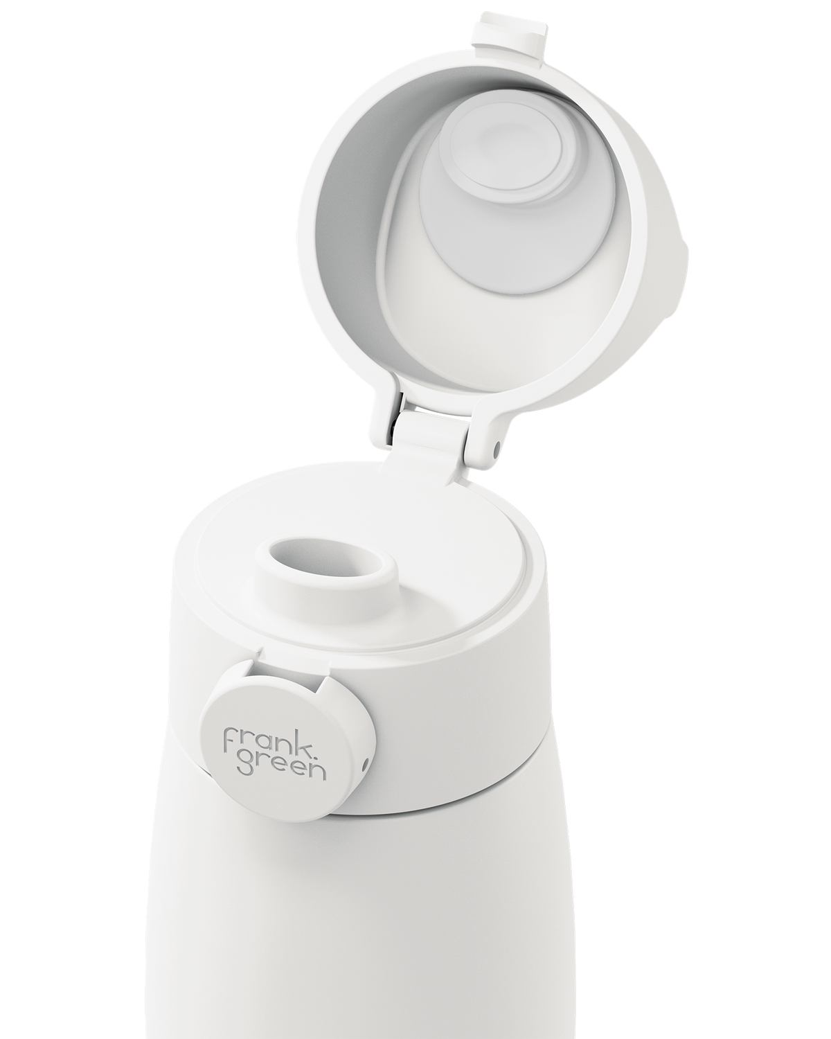 Close-up of a white grip handle lid flipped open on the matching bottle, showing the white inner seal, drinking spout, and circular 'frank green' logo tab on a plain white background.