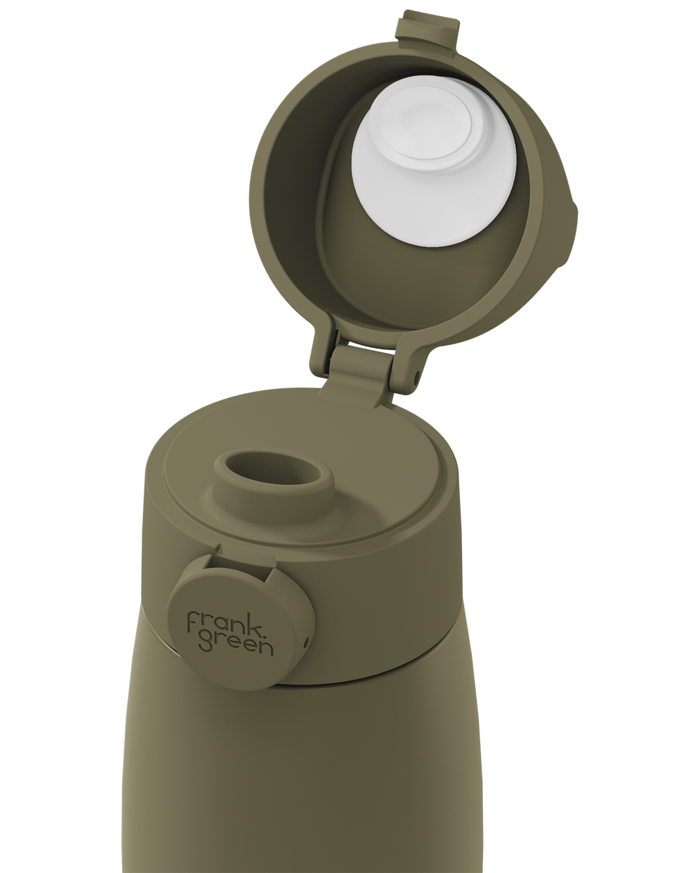 Close-up of an olive green grip handle lid flipped open on the matching bottle, showing the white inner seal, drinking spout, and circular 'frank green' logo tab on a plain white background.