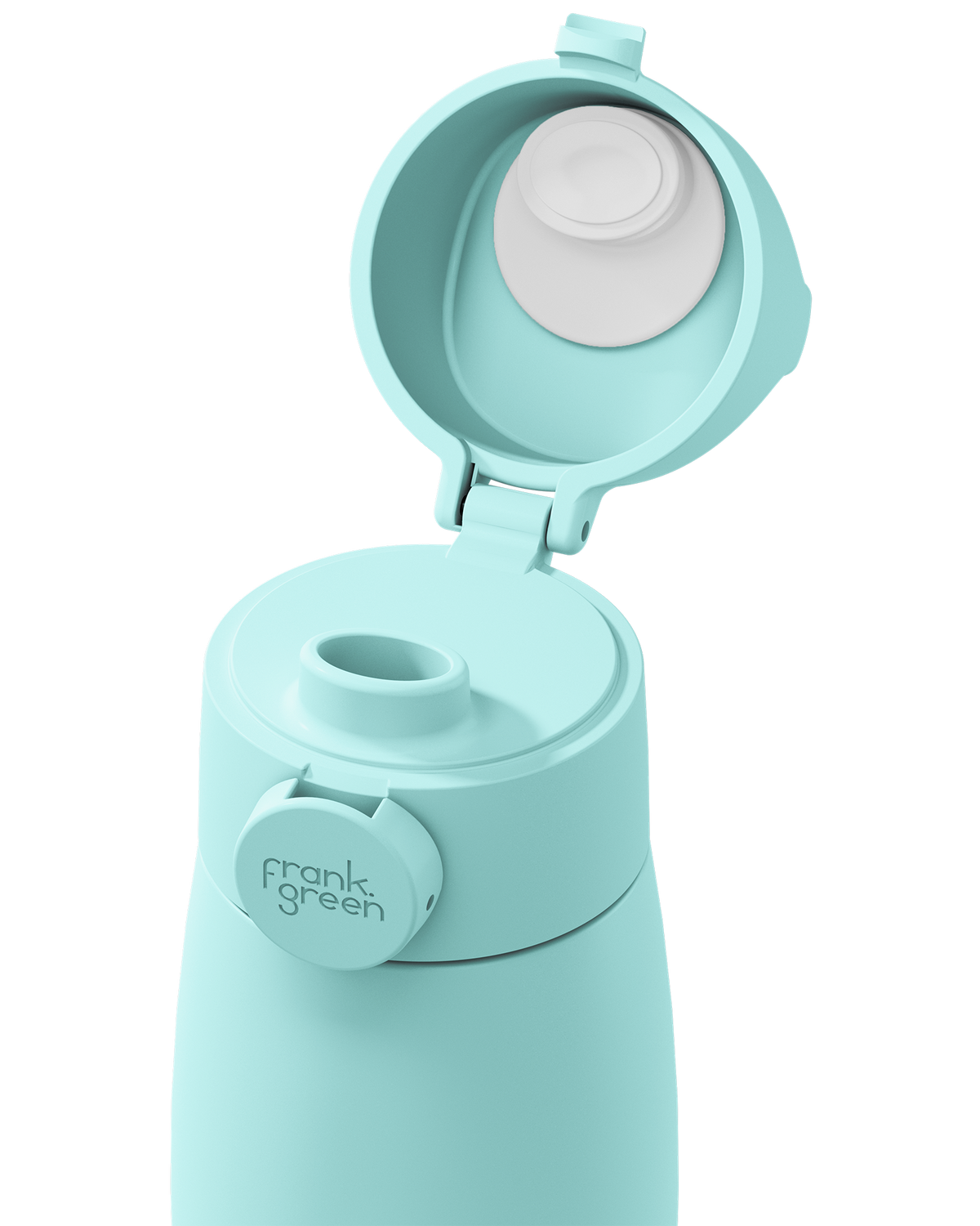 Close-up of a mint green grip handle lid flipped open on the matching bottle, showing the white inner seal, drinking spout, and circular 'frank green' logo tab on a plain white background.