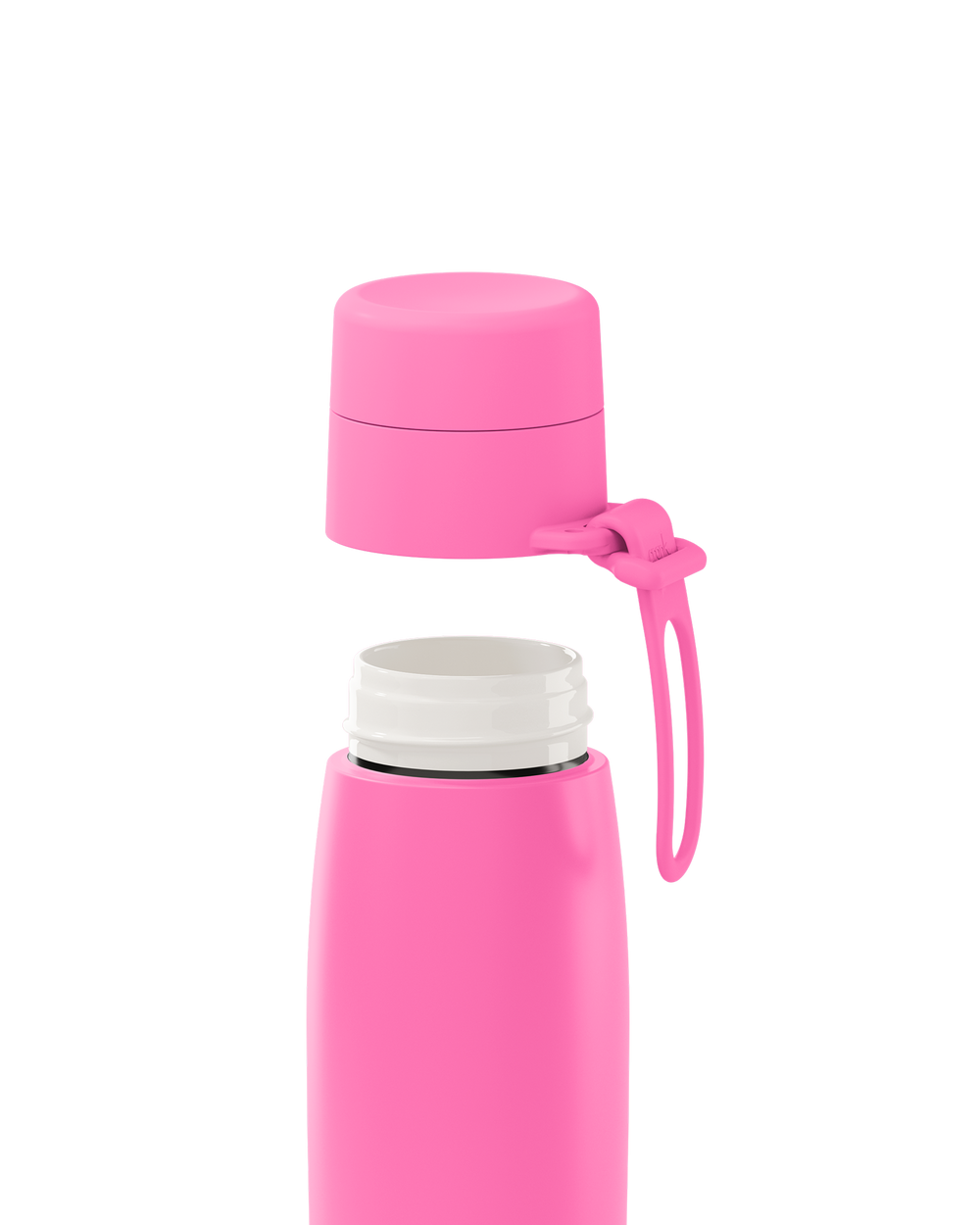 A bright pink 20oz insulated bottle with the lid lifted off, showing the white ceramic-lined interior.