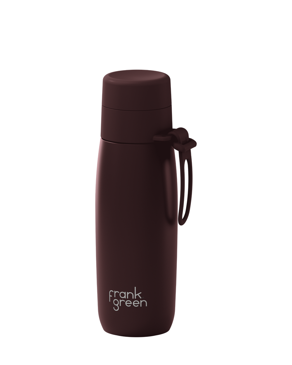 A dark brown 20oz insulated bottle with a thermal lid and carry loop, shown at an angle on a white background.