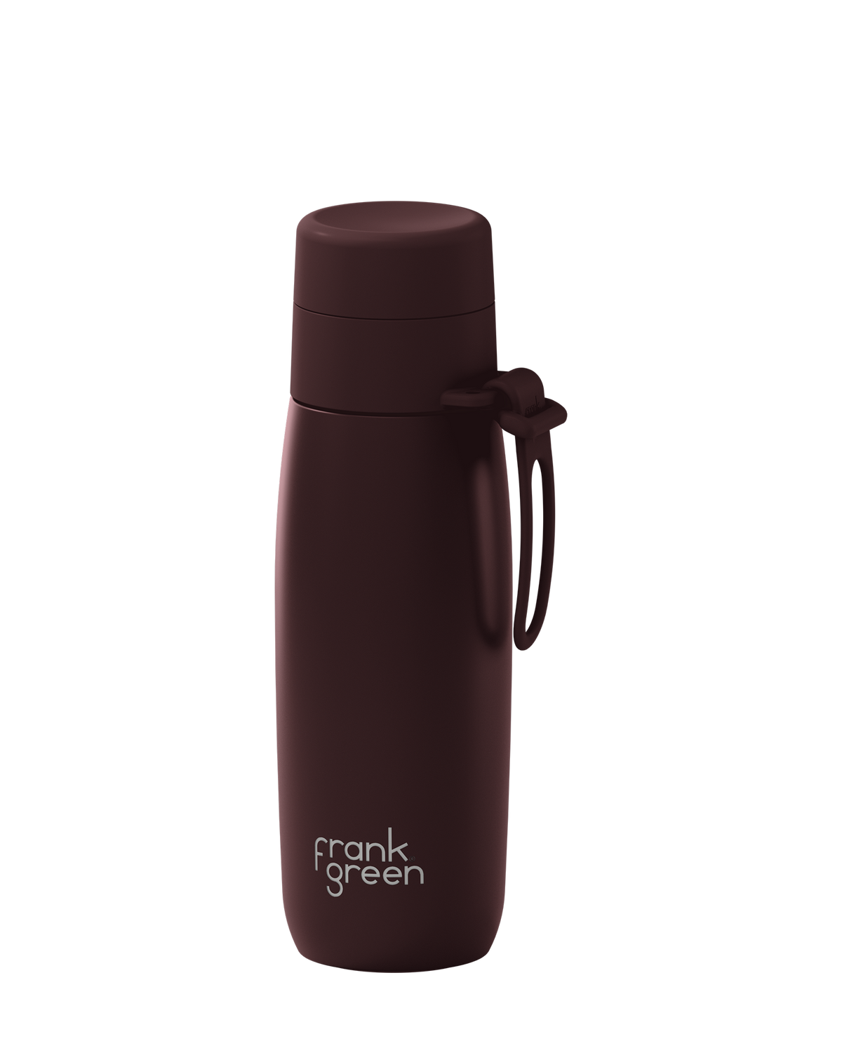 A dark brown 20oz insulated bottle with a thermal lid and carry loop, shown at an angle on a white background.