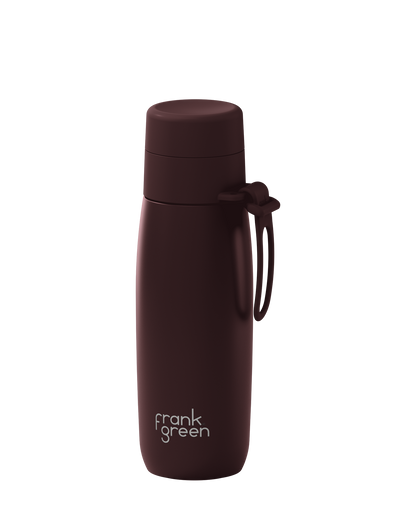 A dark brown 20oz insulated bottle with a thermal lid and carry loop, shown at an angle on a white background.