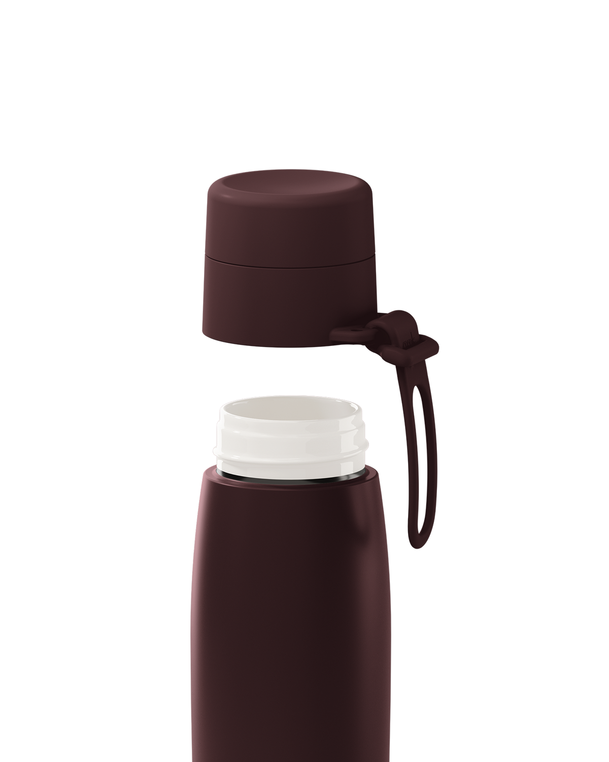 A dark brown 20oz insulated bottle with the lid lifted off, showing the white ceramic-lined interior.