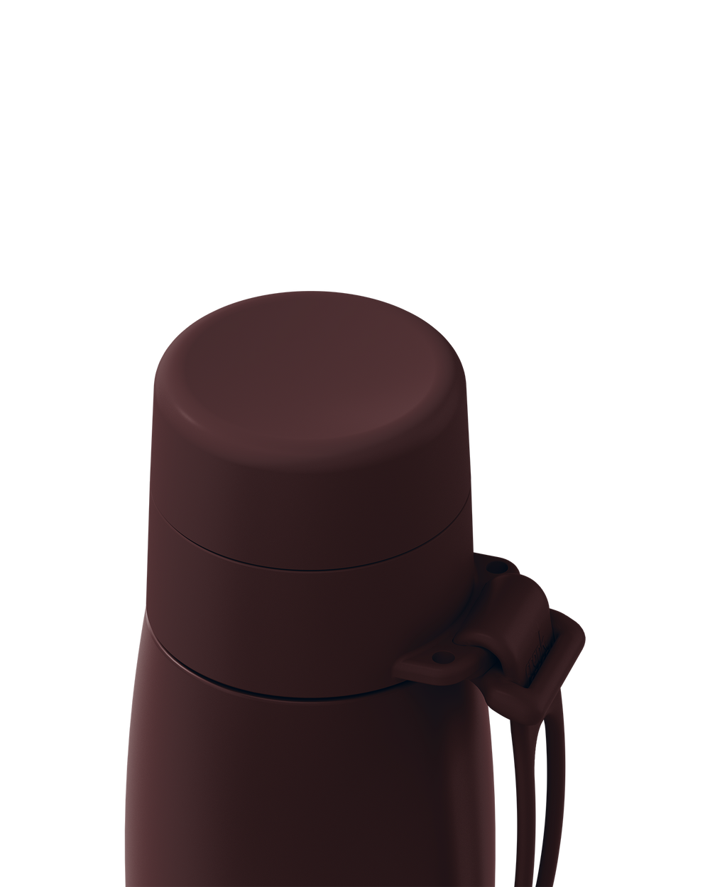 Close-up of a dark brown thermal lid closed on a 20oz insulated bottle, with the carry loop attached.