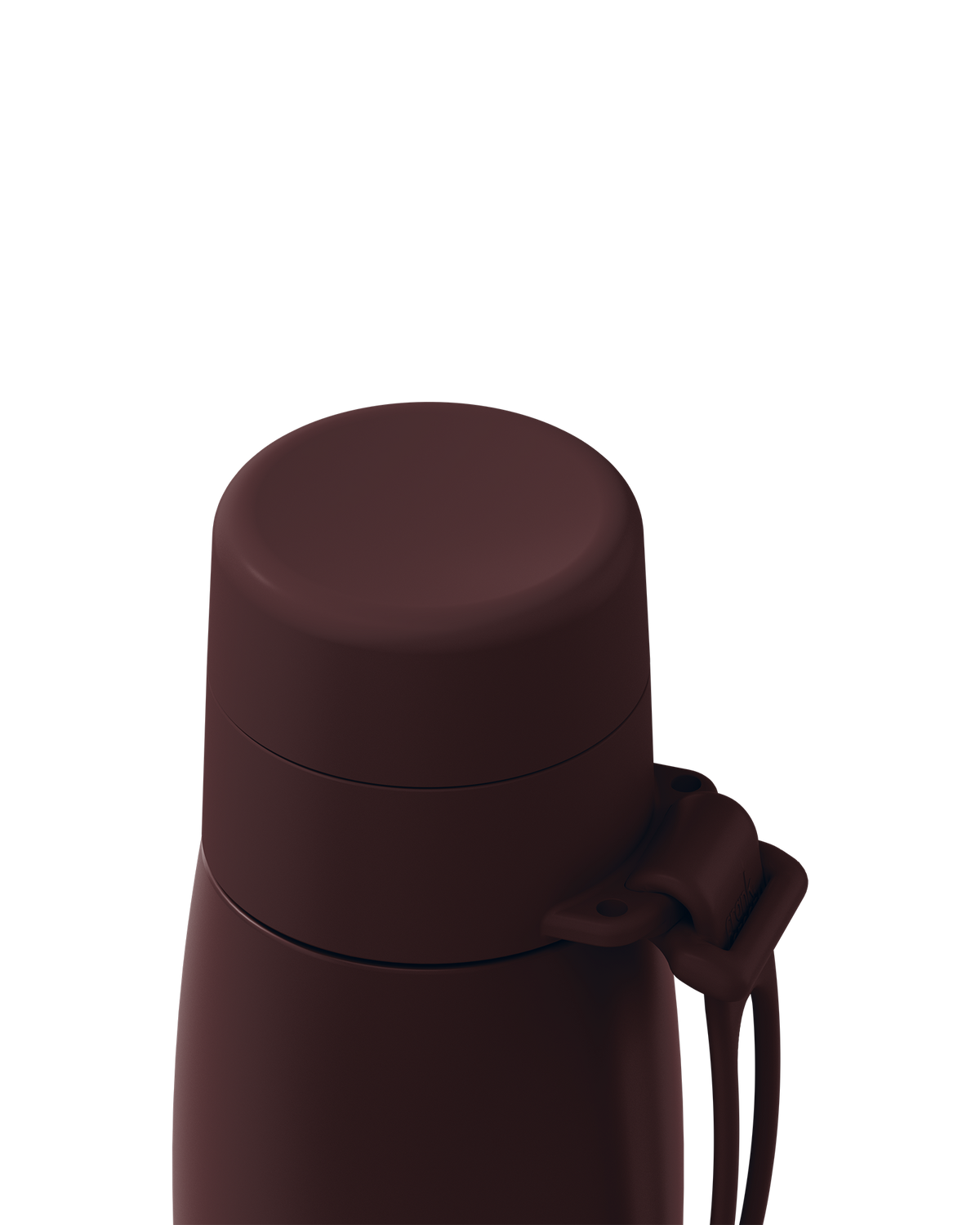 Close-up of a dark brown thermal lid closed on a 20oz insulated bottle, with the carry loop attached.