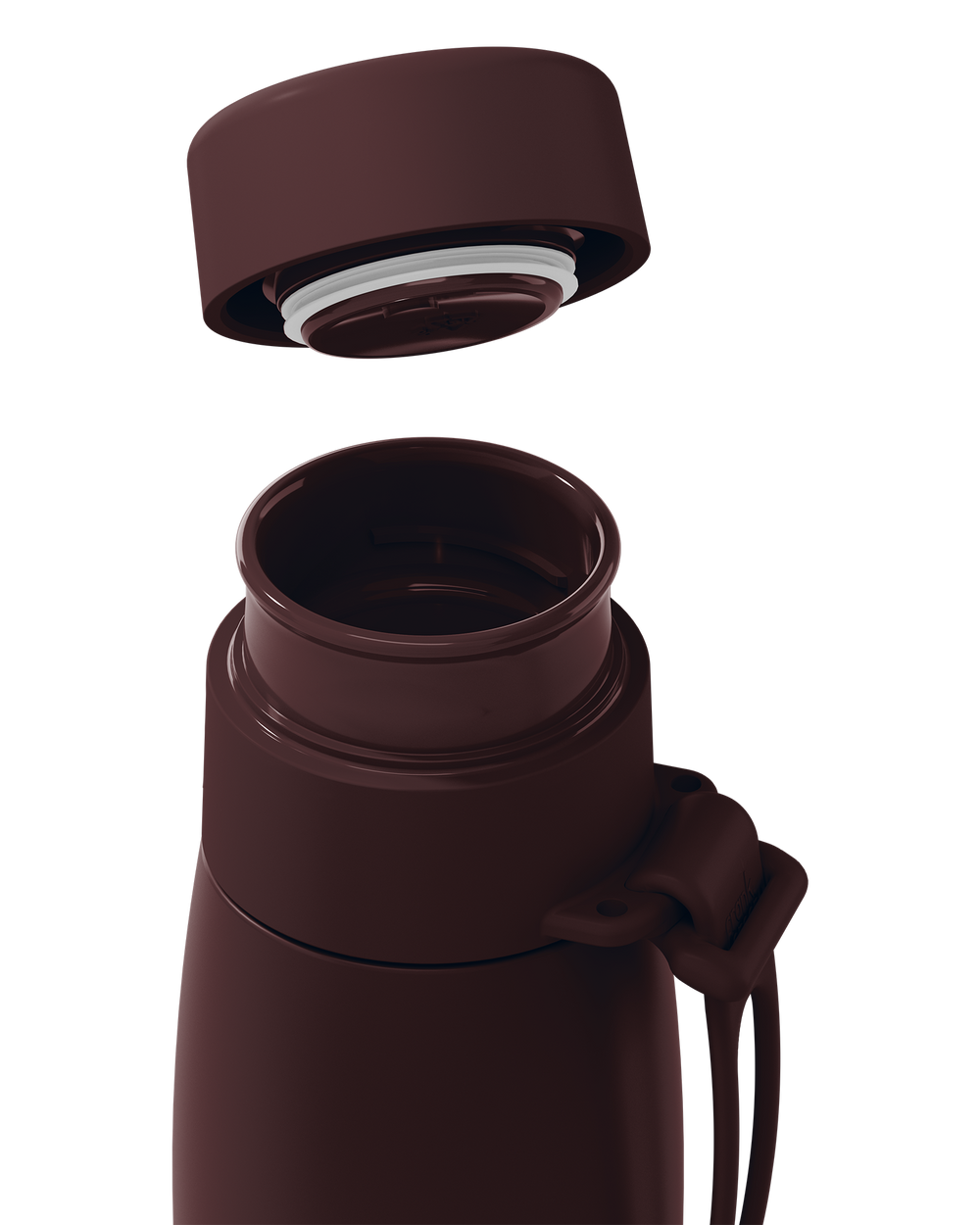 Close-up of a dark brown thermal lid lifted off a 20oz insulated bottle, showing the seal and open neck.