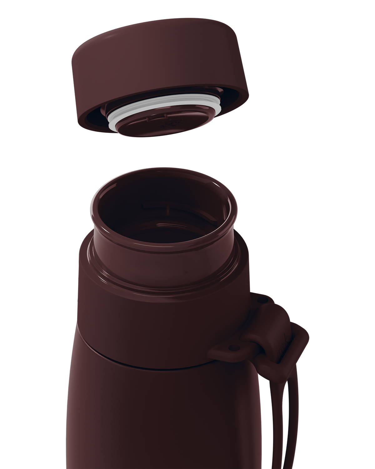 Close-up of a dark brown thermal lid lifted off a 20oz insulated bottle, showing the seal and open neck.