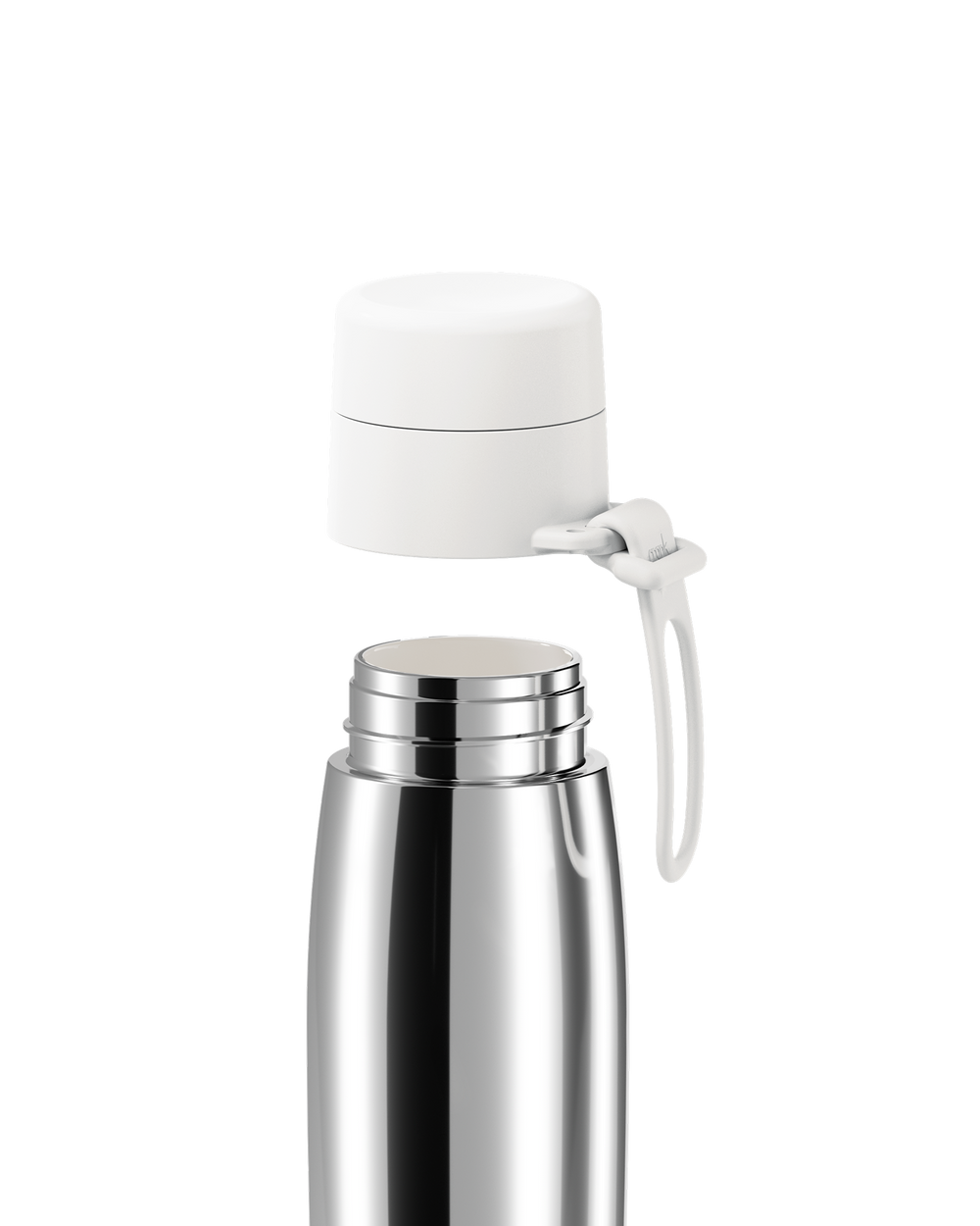 A polished stainless steel 20oz insulated bottle with the white lid lifted off, showing the stainless steel neck.