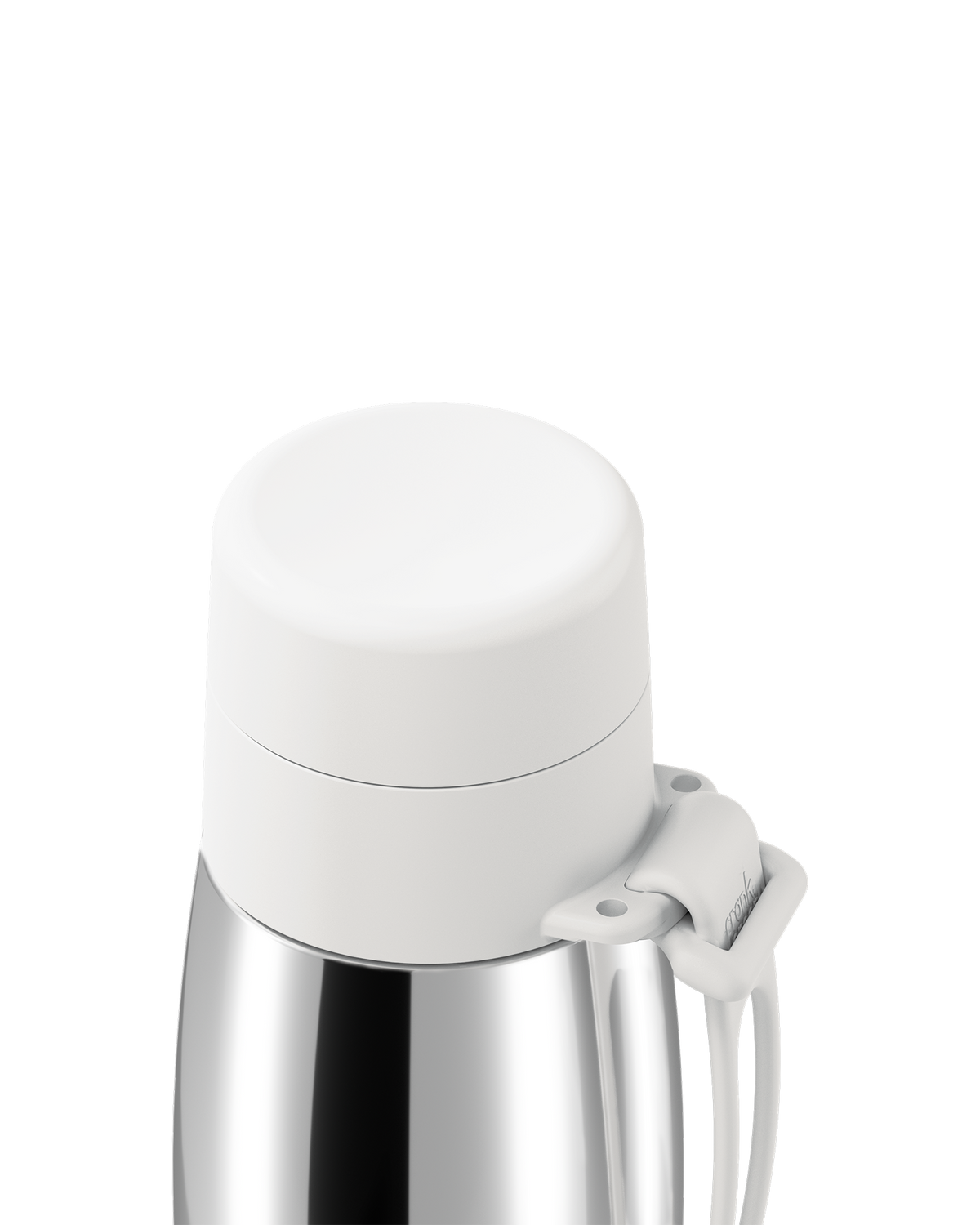 Close-up of a white thermal lid closed on a polished stainless steel 20oz insulated bottle, with the carry loop attached.