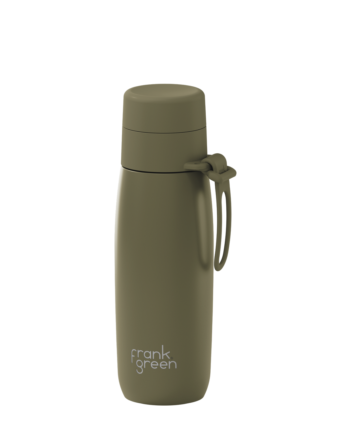 An olive green 20oz insulated bottle with a thermal lid and carry loop, shown at an angle on a white background.