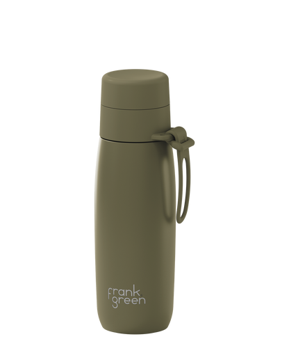An olive green 20oz insulated bottle with a thermal lid and carry loop, shown at an angle on a white background.