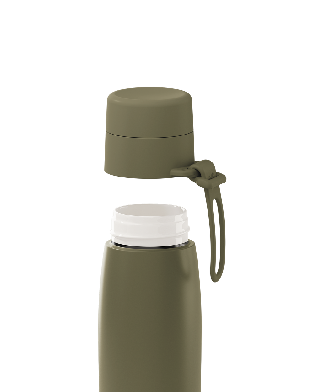 An olive green 20oz insulated bottle with the lid lifted off, showing the white ceramic-lined interior.