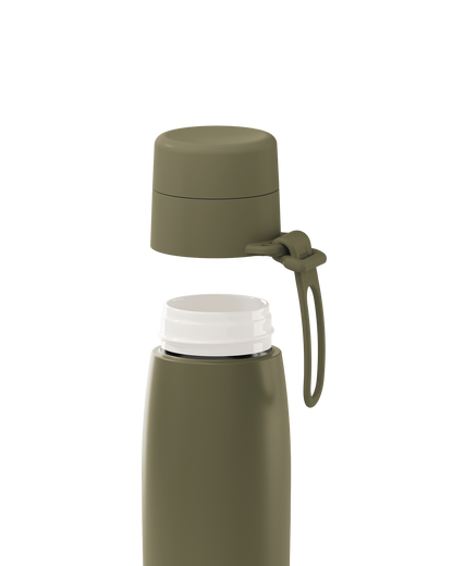 An olive green 20oz insulated bottle with the lid lifted off, showing the white ceramic-lined interior.