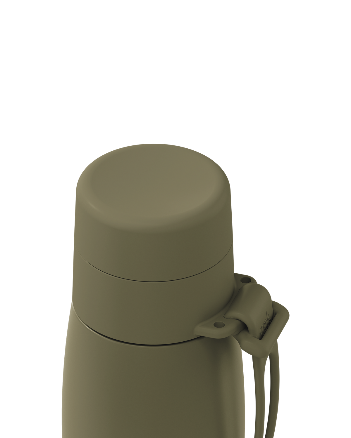 Close-up of an olive green thermal lid closed on a 20oz insulated bottle, with the carry loop attached.