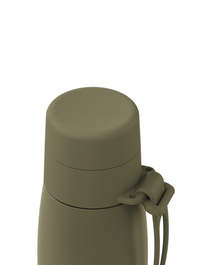 Close-up of an olive green thermal lid closed on a 20oz insulated bottle, with the carry loop attached.