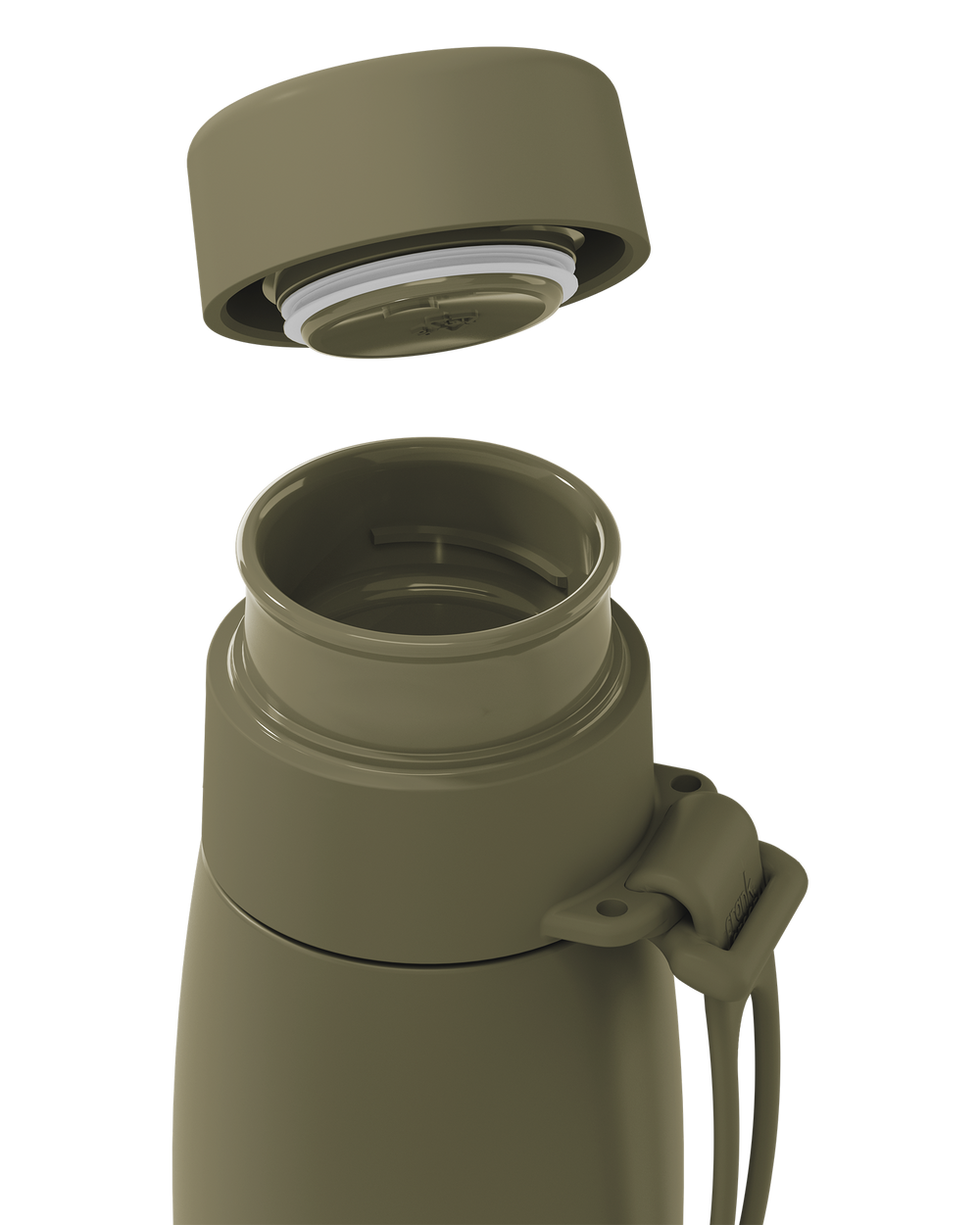 Close-up of an olive green thermal lid lifted off a 20oz insulated bottle, showing the seal and open neck.